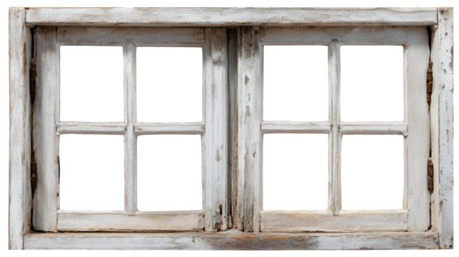Aged wooden window frame with vintage look, isolated on white