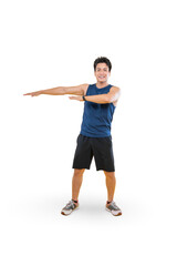 A Young Man Performing Stretching Exercises, Showing His Arms on white background