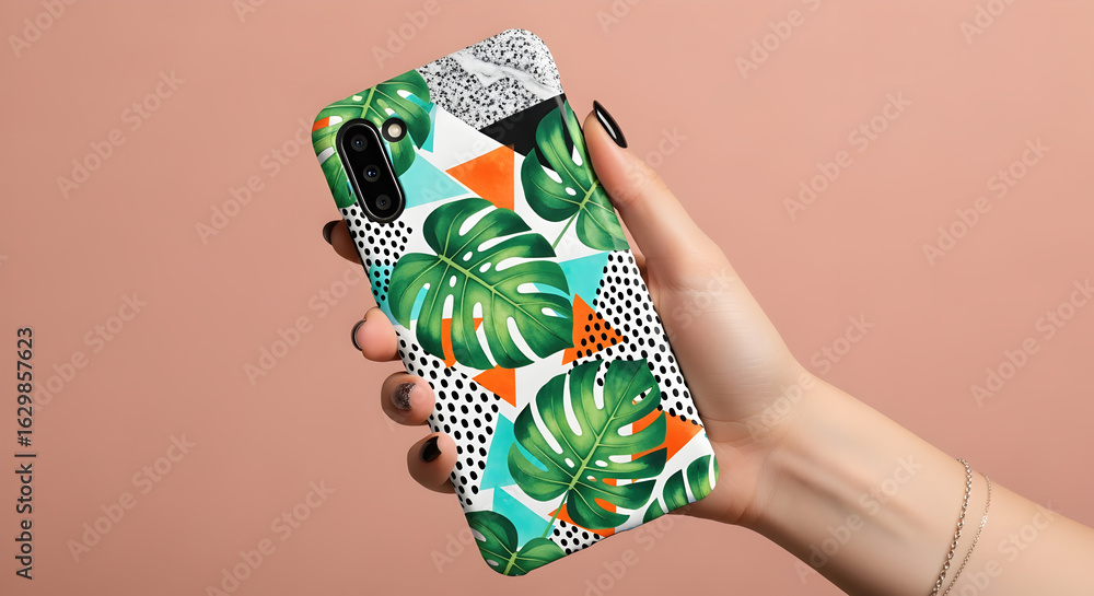 Poster Hand Holding Smartphone Case with Geometric and Leaf Pattern Against a Peach Background
