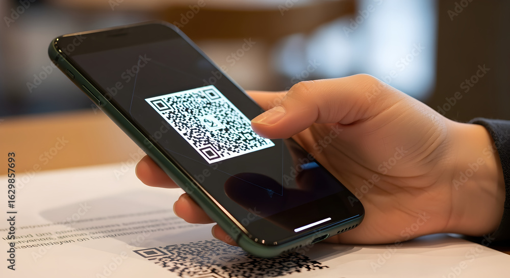 Poster hand holding smartphone displaying bright white and blue qr code scan technology with blurred backgr