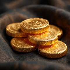 Gold wrapped chocolate stack closeup