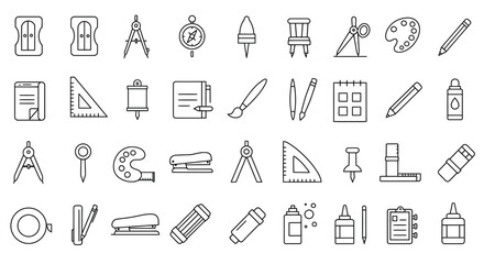 Set of School and Office Supplies Line Icons Representing Stationary Elements