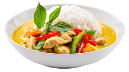 Asian meal with chicken and vegetables in yellow curry sauce, isolated on white