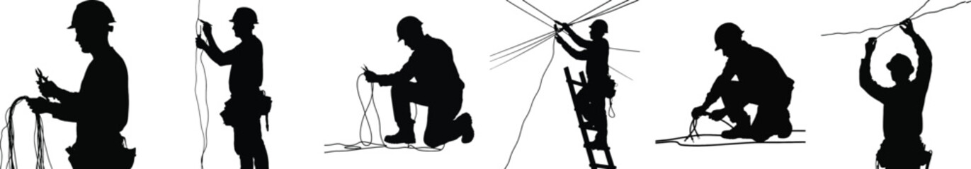 Electrician silhouette vector, worker installing and repairing electrical wire and cable