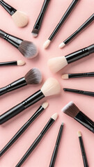 An assortment of makeup brushes arranged in a radial pattern on a pink background