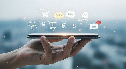 Hand Holding Smartphone Displaying Shopping Icons Overlooking a Blurred Cityscape with Digital Commerce Concept