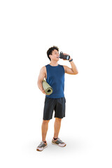 An athletic person pauses to take a refreshing drink of water after a workout, carrying a rolled yoga mat on png background
