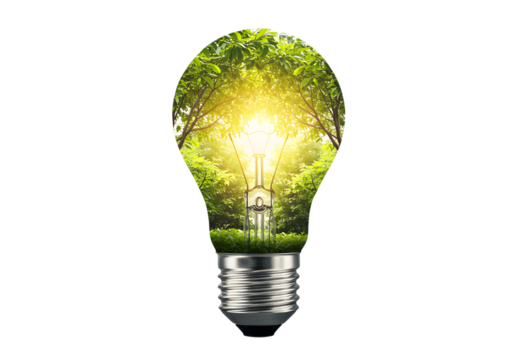 Eco Light Bulb With Green Forest Inside PNG Cut Out.