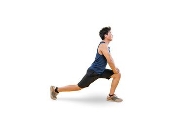 A man performing a stretching exercise. He is wearing athletic apparel, demonstrating a lunge on...