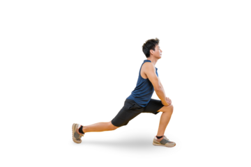A man performing a stretching exercise. He is wearing athletic apparel, demonstrating a lunge on png background
