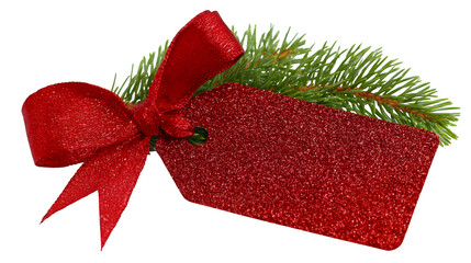 Red glitter Christmas tag with fir and ribbon, isolated on white