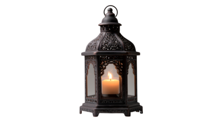 Black metal lantern with candle glowing inside, isolated on white