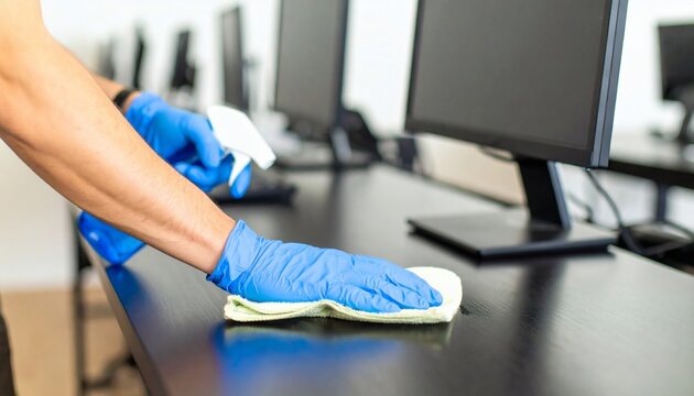 Worker in protective gloves cleaning an office computer desk with disinfectant spray