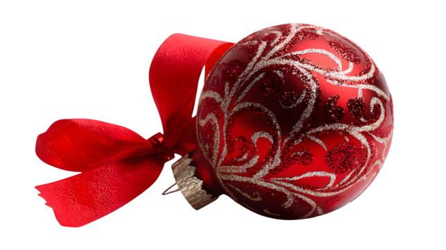 Red ornament ball with ribbon bow, holiday decoration, isolated on white