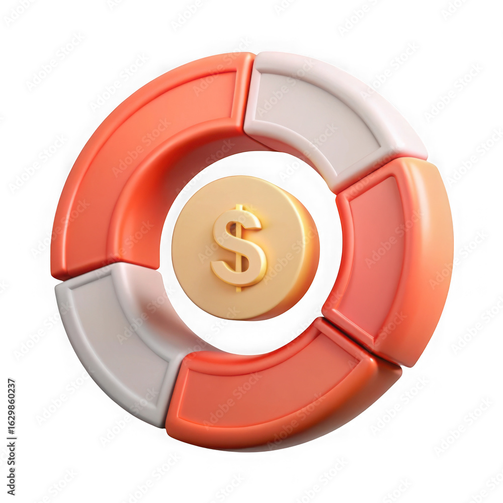 Poster 3d illustration of a 3d rendering of a pie chart with a dollar coin in the center depicting financia