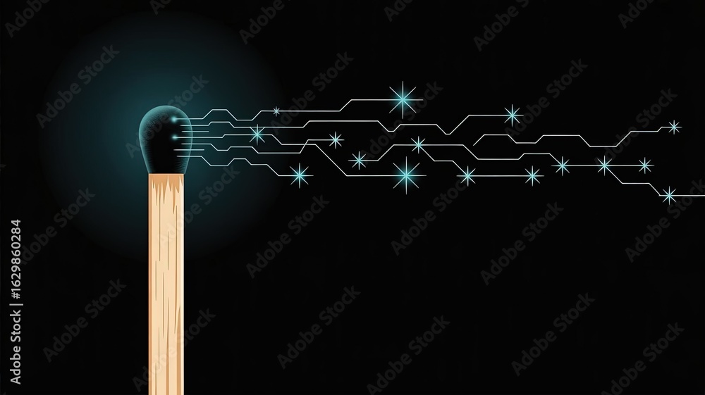 Poster spark of innovation: a unique digital art piece featuring a matchstick, representing the spark of an