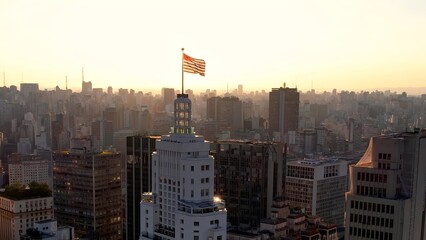 Sunset Downtown Aerial In Sao Paulo Brazil. City Skyline Showing Modern And Traditional...