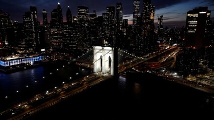 Brooklyn Bridge In Manhattan New York United States. Cars Driving Towards Downtown City On The...
