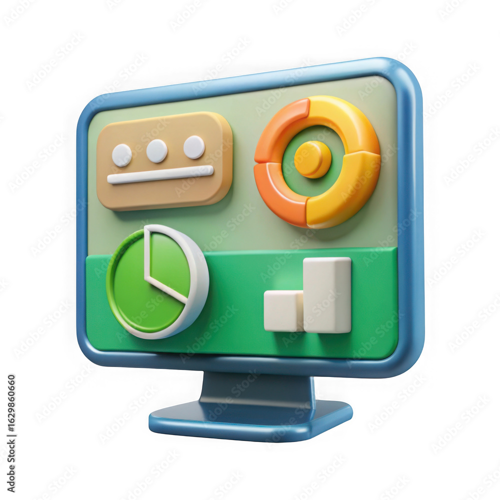 Fototapete 3d illustration of a 3d illustration of a computer monitor displaying a dashboard with various chart