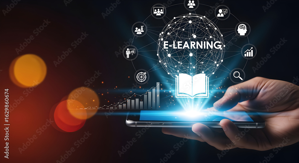 Poster hand holding smartphone with e-learning icon and digital open book on screen with dark bokeh backgro