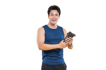 A man holding a shaker bottle, ready for workout on png background