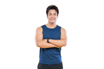 Smiling, confident male athlete with arms crossed, in a tank top, expressing strength and fitness on png background