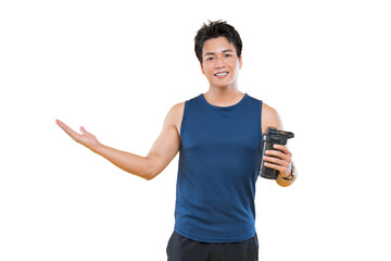 A fit and smiling individual holding a water bottle, offering a gesture on a white background