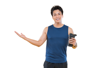 A fit and smiling individual holding a water bottle, offering a gesture on a white background