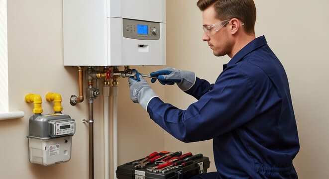 Gas fitter adjusting pipes of boiler system in home. Gas fitter ensures safety and efficiency by tightening connections and inspecting setup. - Powered by Adobe