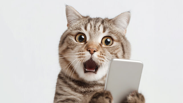 Surprised meme cat looking at smartphone with copy space on white background cat-meme_378