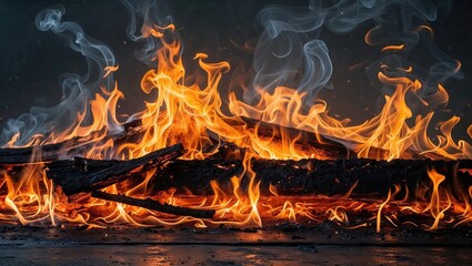 A dynamic and mesmerizing close-up of a raging campfire with vibrant orange and yellow flames engulfing charred logs and producing wisps of smoke against a dark background