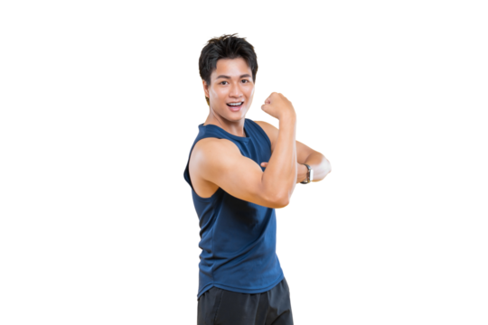 A muscular man flexing his bicep on png background