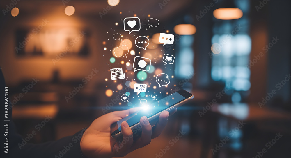 Poster hand holding smartphone with social media icons in a blurred background with soft lighting and digit