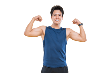 Strong and healthy man flexing his arms, highlighting fitness and vitality on png background