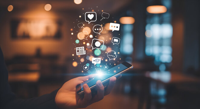 Hand Holding Smartphone with Social Media Icons in a Blurred Background with Soft Lighting and Digital Interface Design