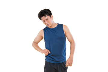 An Asian man suffering from side pain in a fitness outfit on png background
