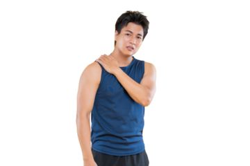 A man touching his shoulder, wearing a blue shirt showing painful expression on png background