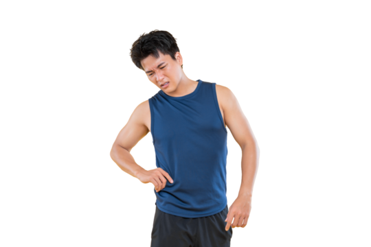 An Asian man suffering from side pain in a fitness outfit on png background