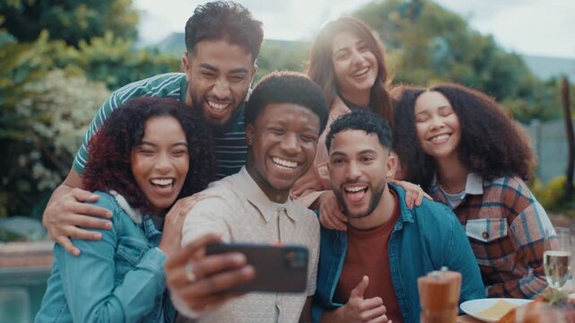 Selfie, excited and friends outdoor at barbecue for celebration, bonding or reunion in backyard. Smile, grill and group of people with photography picture for memory with connection at event together
