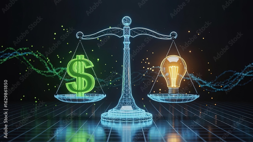 Poster value of innovation: a 3d render featuring a balanced scale with a dollar sign and a lightbulb, repr