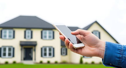 Hand Holds a Smartphone Before a Two Story House with Green Lawn and Blue Sky
