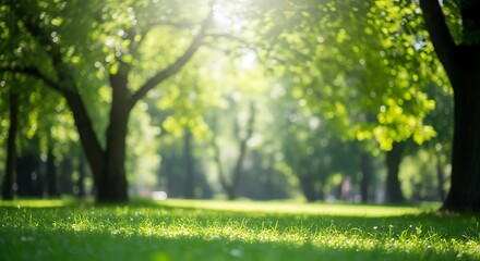 Photo of sunlight shining through trees in a green park on a bright sunny day