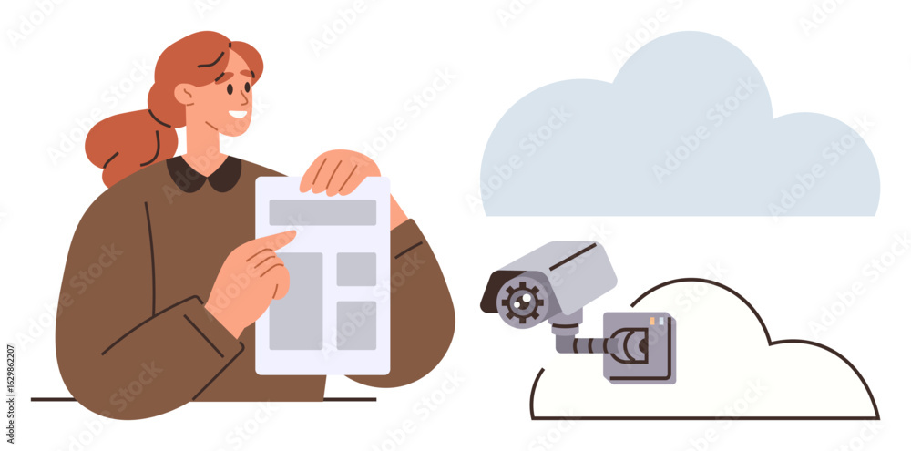 Poster woman holds and reviews document while security camera streams data to cloud. ideal for surveillance