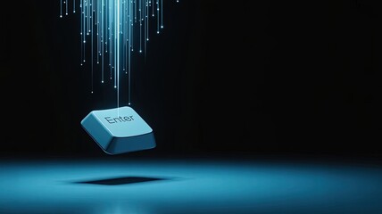 Digital Key: Enter the Digital Realm. A futuristic vision where a single Enter key ascends, illuminated by beams of light against a deep black backdrop. A representation of the digital era.