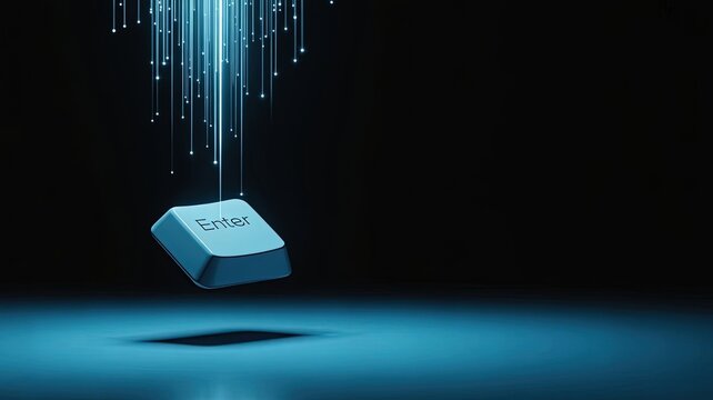 Digital Key: Enter the Digital Realm. A futuristic vision where a single Enter key ascends, illuminated by beams of light against a deep black backdrop. A representation of the digital era.