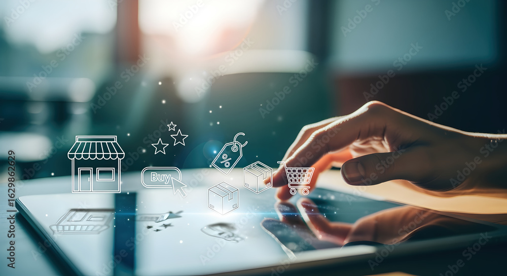 Poster hand interacting with a digital tablet displaying e-commerce icons and a blurry background in bright