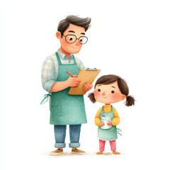 Father and daughter in aprons the father holding a clipboard and the daughter holding a jar