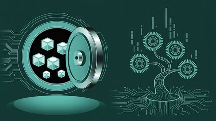 Digital Fortress: Conceptual representation of data security, symbolized by a robust vault safeguarding digital assets, paired with a symbolic tree of technological growth and innovation.