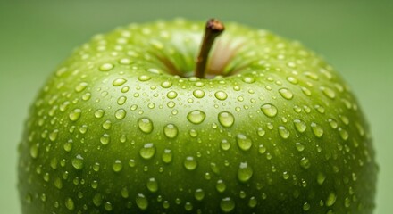 Macro shot of a fresh green apple covered in water droplets on a soft green background