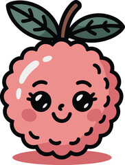 Cute cartoon pink raspberry with a happy face and green leaves